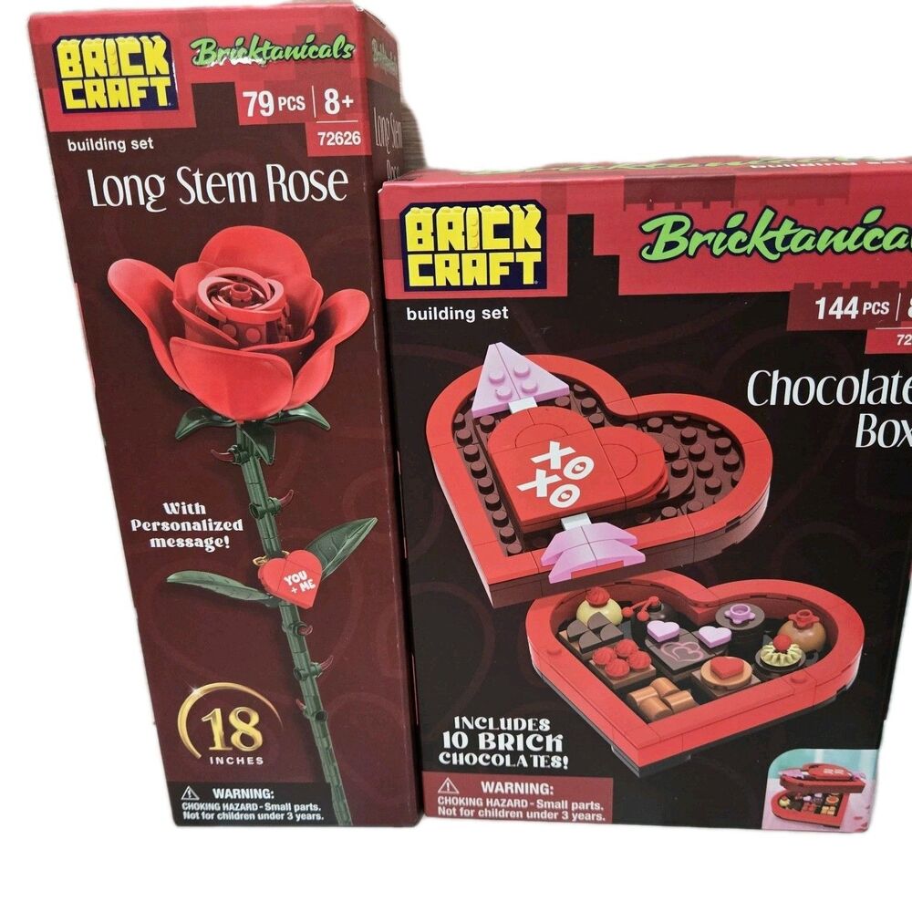 2 Pc LOT Brickcraft Bricktanicals LONG STEM ROSE & CHOCOLATE BOX Building Sets